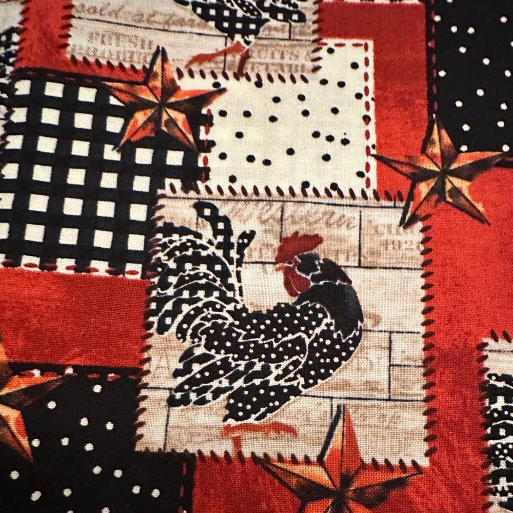 Rooster Farmhouse Patchwork Cotton Fabric Red Black Tan Stars 1 Yard x 44"